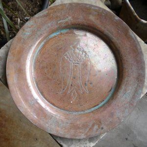 Vintage Solid Copper Folk Art Large Peyote bird Plate